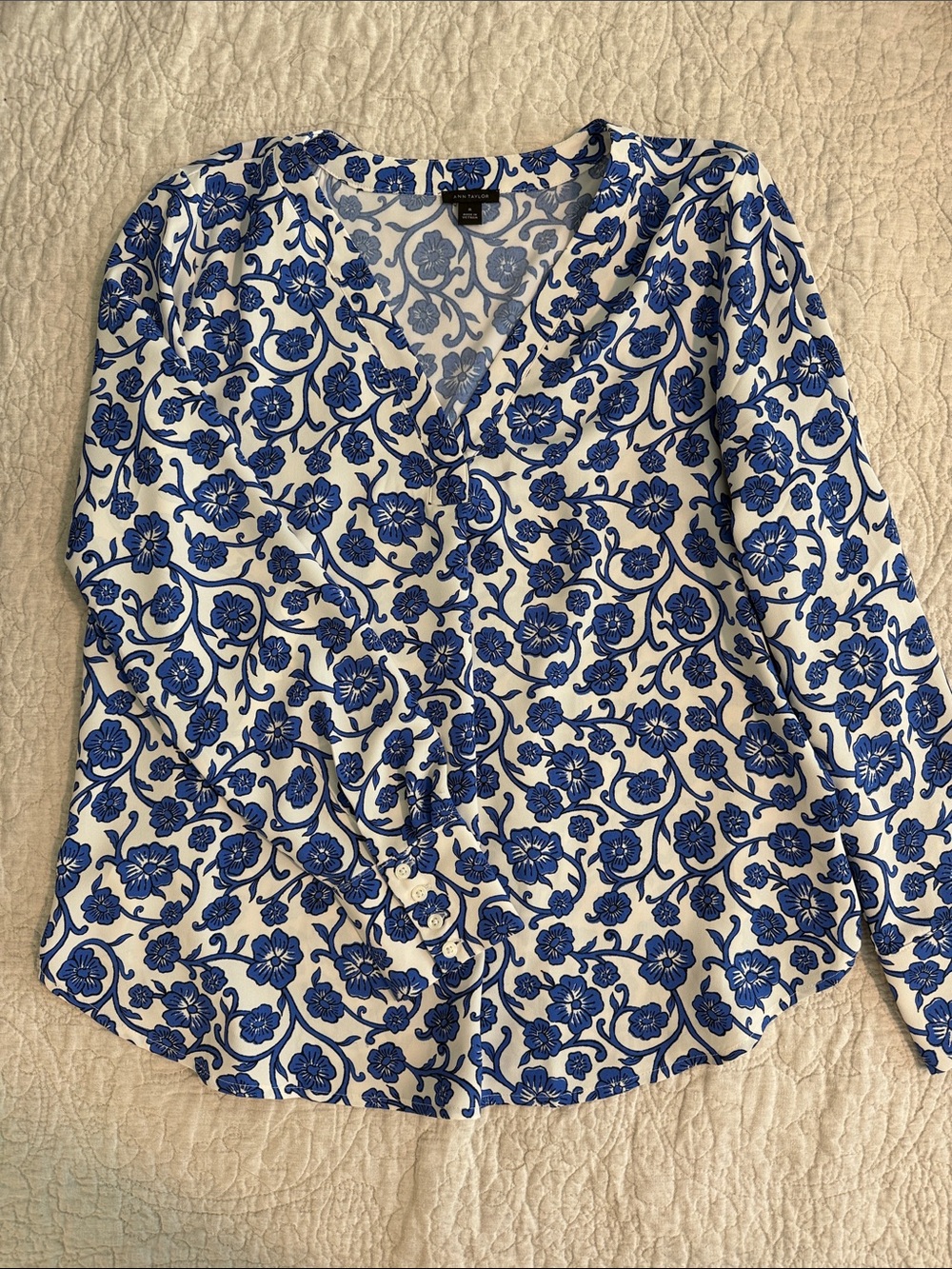 Ann Taylor White V Neck Blouse with Blue Floral Print
